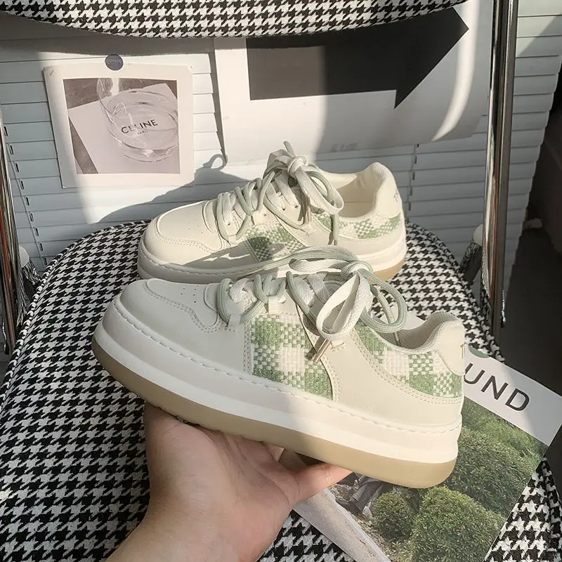 SHANPA Checkerboard Design Small White Shoes for Women All-match Casual Thick Bottom Korean Fashion Student Sneakers