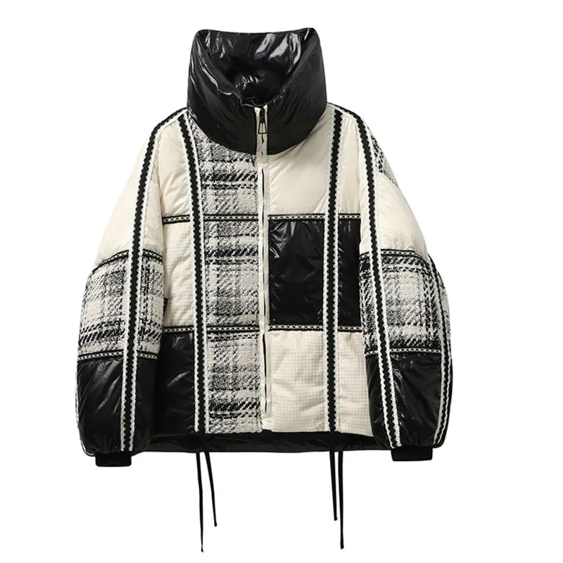 2023 New Winter Puffer Jacket Women High Neck Patchwork Woolen Plaid Knitted Warm Stitching White Duck Down Thermal Bread Coats