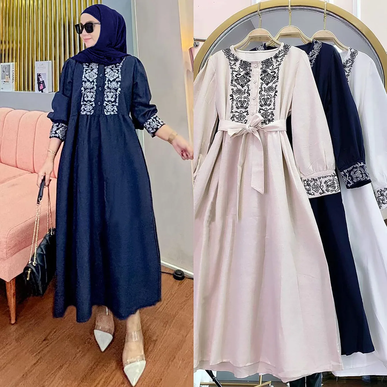Марокканское хлопковое льняное платье с вышивкой и поясом Abaya макси для женщин