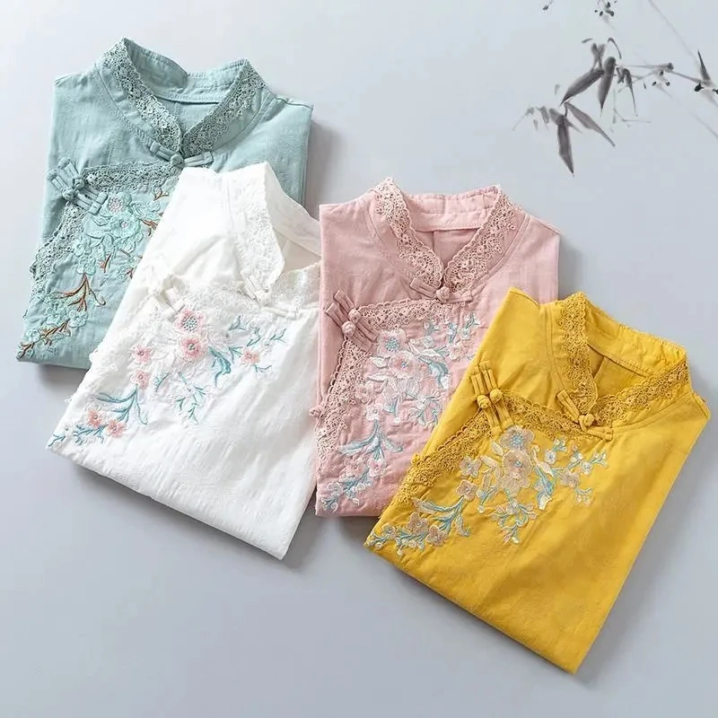 

2023 Summer New Vintage Chinese Standing Neck Shirt Oblique Front Heavy Industry Embroidery Cotton Hemp Shirt Women Blouse 4XL