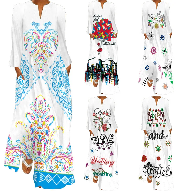 

Fashion 2021 Summer Elegance Elegant Women's 3D Printed V-neck Large Swing Dress