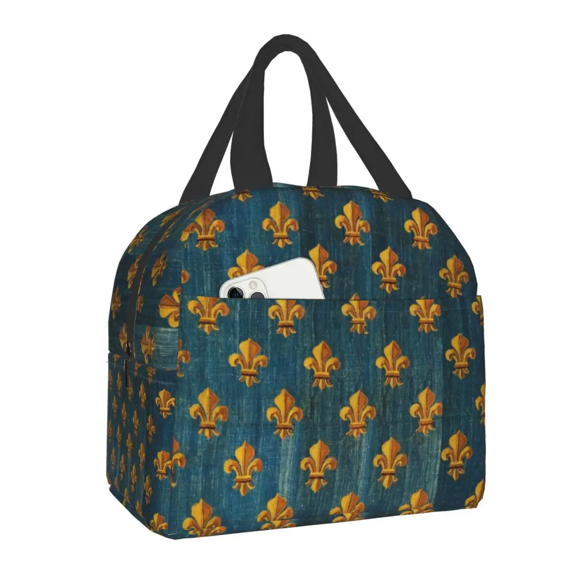 

Gold Fleur De Lis Insulated Lunch Bags for Women Lily Flower Fleur-de-Lis Resuable Cooler Thermal Bento Box Work School Travel