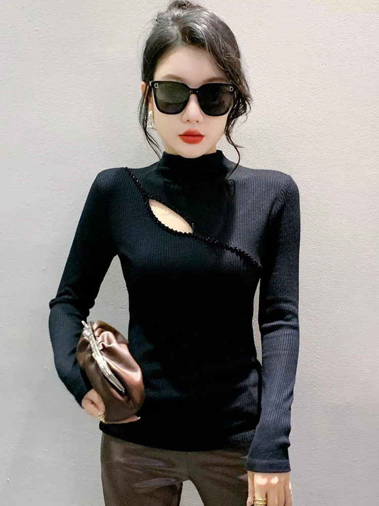 M-3XL Черная водолазка с длинными рукавами женская футболка элегантная тонкая