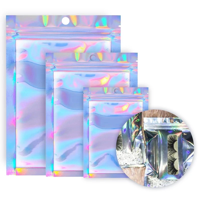 

50/100/200pcs Holographic Laser Translucent Zip Lock Packaging Resealable Eyelashes Storage Bag Pouch Cosmetic Box For Wholesale