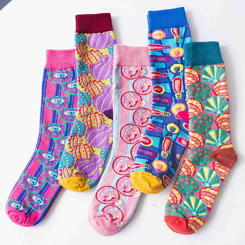 5pairs/lot Cotton Women High-top Creative Street Hip Hop Women Socks Bright Color Fashion Cool Socks For Women