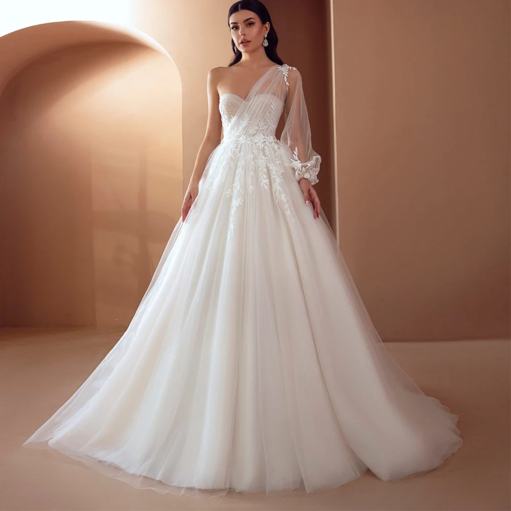 

A-Line Wedding Dress For Bride 2022 Classic Sweetheart One Shoulder Lace Appliques Bridal Gowns Vintage Tulle Vestido De Novia