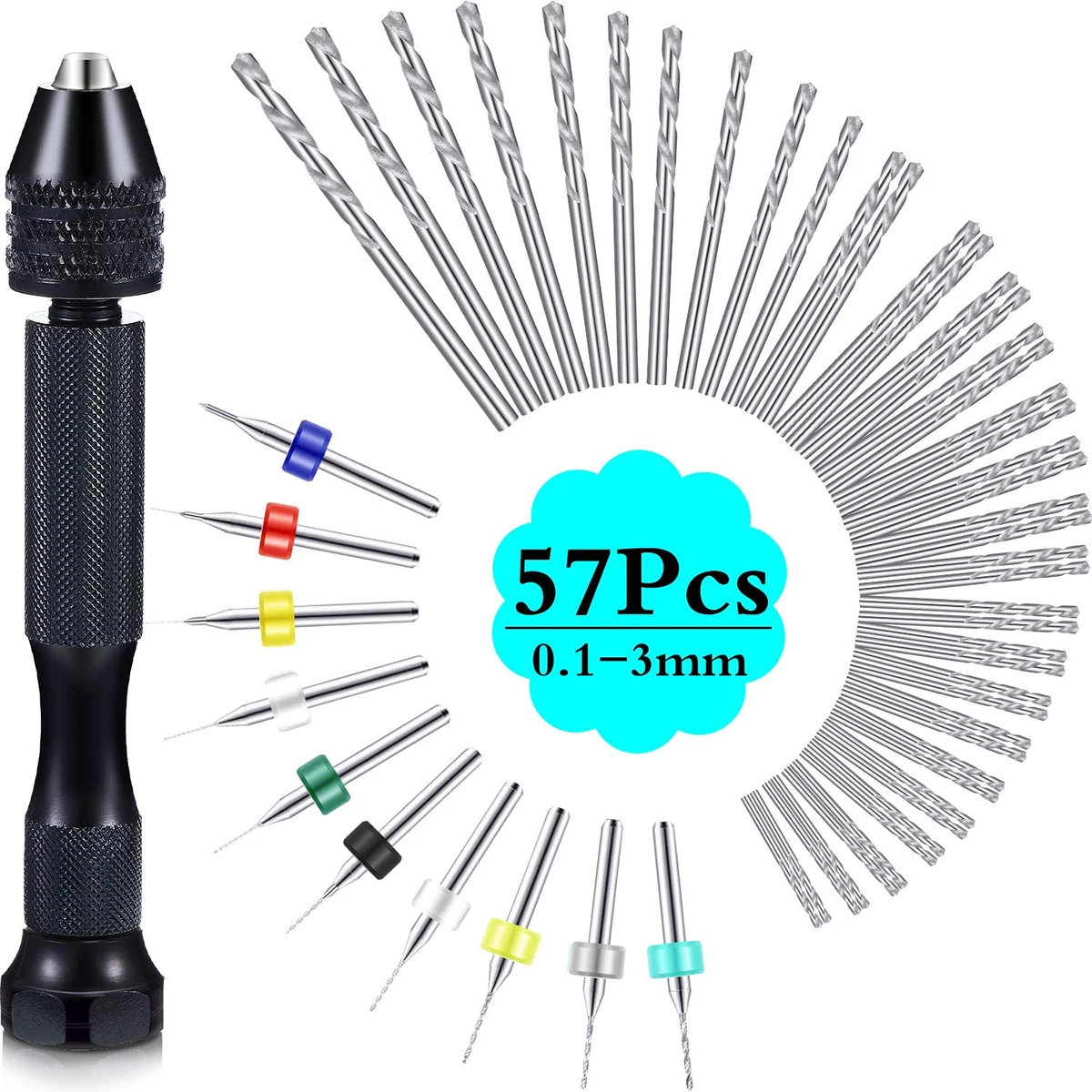 57ps Alloy Steel Hand Drill Bit Set with Pin Vise Hand Drill for DIY Craft Carving Woodworking Plastic Jewelry Making
