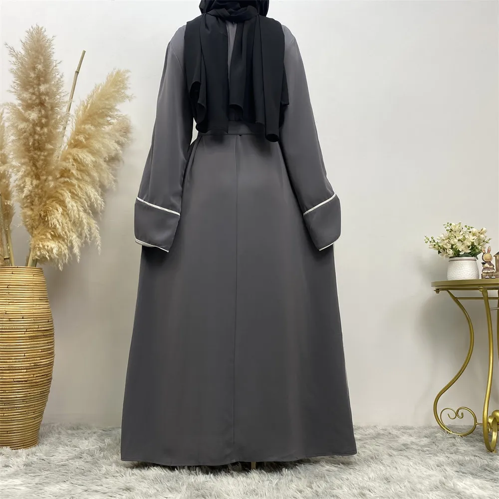 Simple Style 2023 New Fashion Muslim Women Plain White Edge Net Color Large Size Lace-up Dress Abaya Dress Long Dresses
