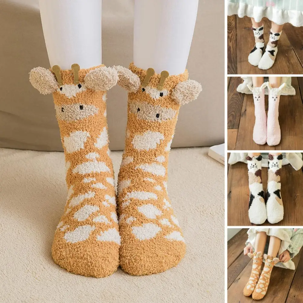 

1 Pair Adults Socks Cartoon Cat Rabbit Alpaca Giraffe Chick Fuzzy Fluffy Thickened Stretchy Keep Warm Coral Fleece Autumn Winter