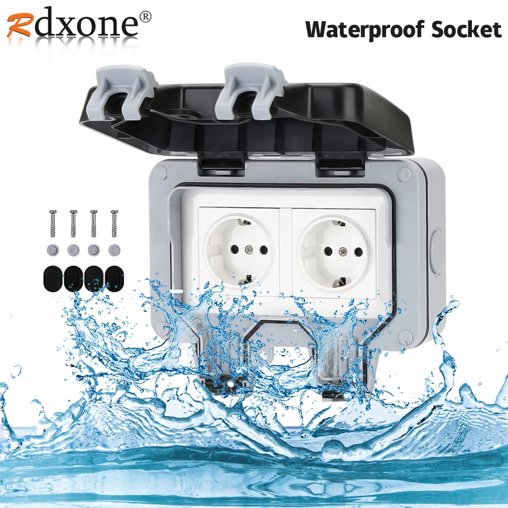 

IP66 Weatherproof Plug Scoket Waterproof Outdoor Wall Power Socket 16A Double EU Standard Electrical Outlet Grounded AC 110~250V