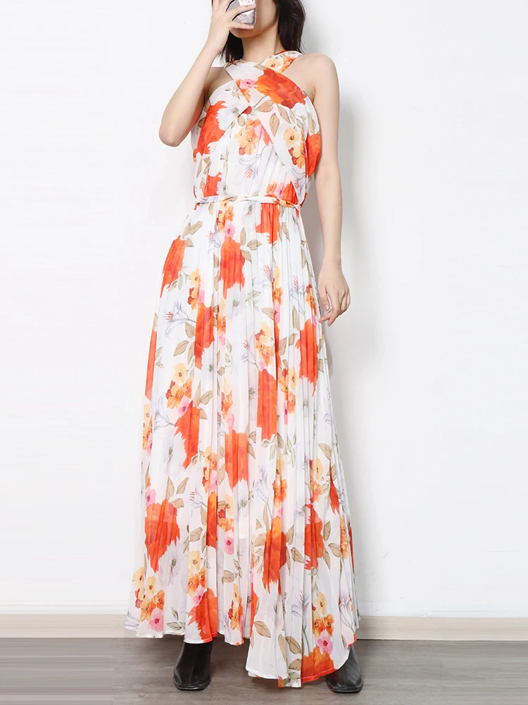 

Sexy Halter Women Print Dress Sleeveless Floral Printed Cut Out Colorblock Loose Midi Dresses Female Clothing