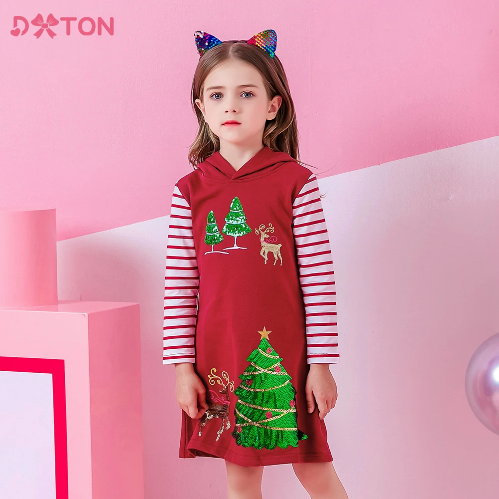 

DXTON Girls Birthday Dresses Reindeer Star Beading Sequins Dress Children Autumn Spring Cotton Clothes Toddlers Hoodies Dress