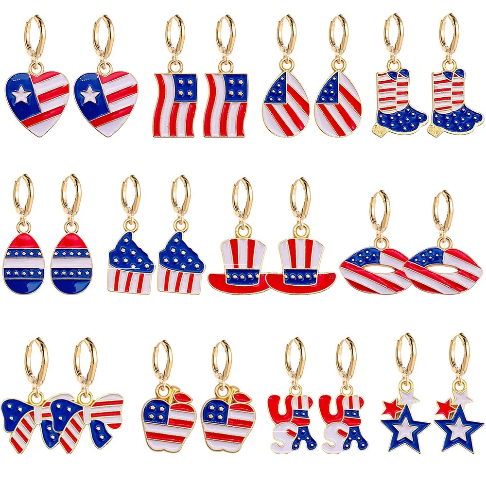 

AMERICAN FLAG PENDANT EARRINGS New Independence Day Earring Pentagram Star Cross Bow Slippers Lips Icecream Alloy Oil Jewellery