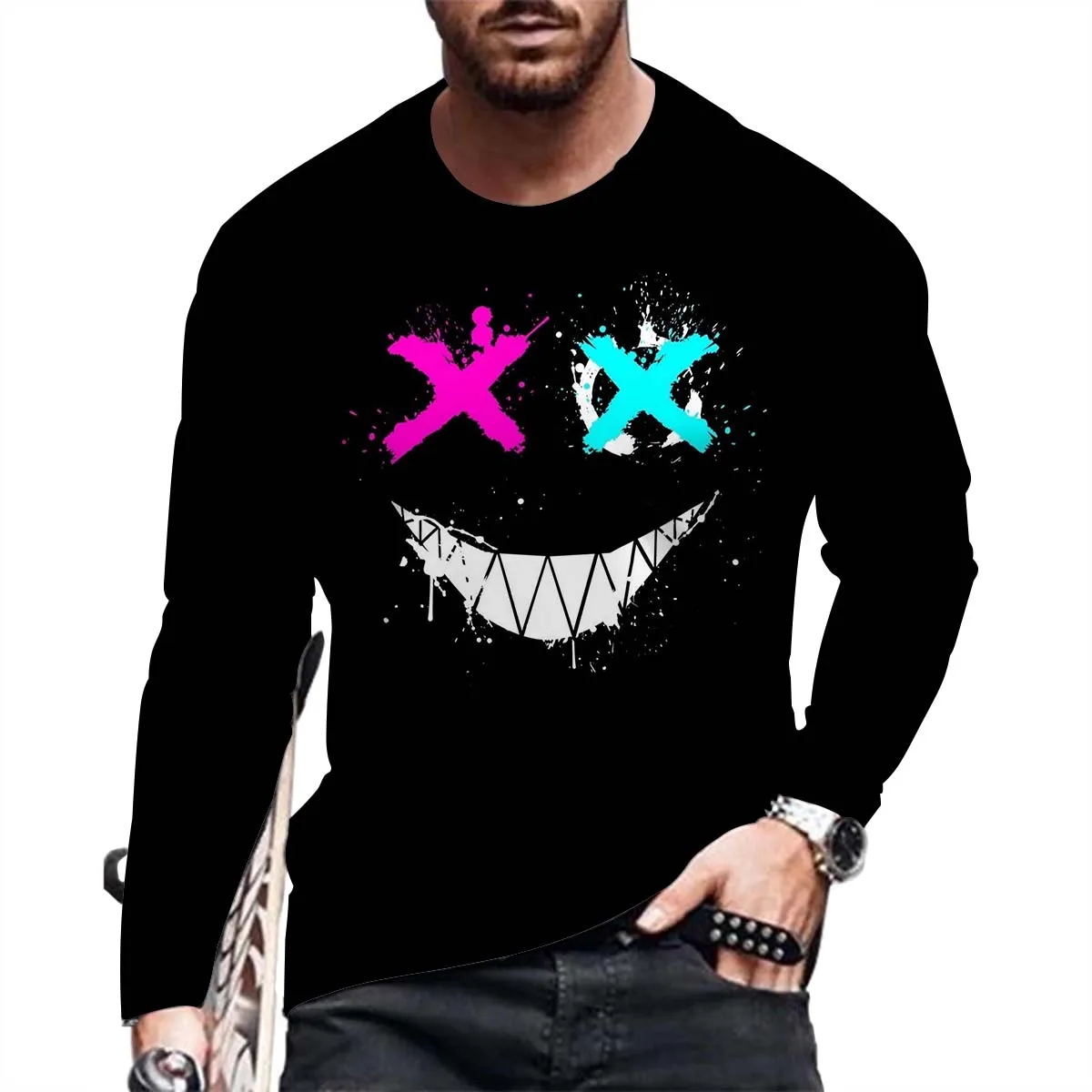 

Fahsion and Casual Men Personality Printred Long Sleeve T Shirt