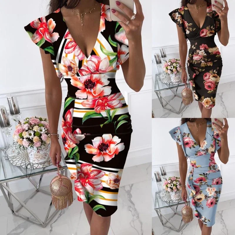 

Ethnic Clothing Sexy Women Sleeveless V-neck Flowers Printing Midi Prom Dresses Ruffle Hem Ruched Bodycon Dress Vestidos De