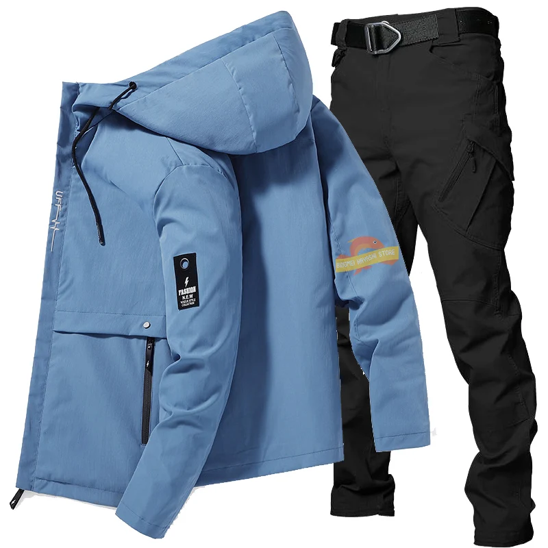 

Men's Spring Autumn Thin Suits Korean Windproof Hooded Breathable Sports Jacket Casual Waterproof Pants Fashion Men's Clothes