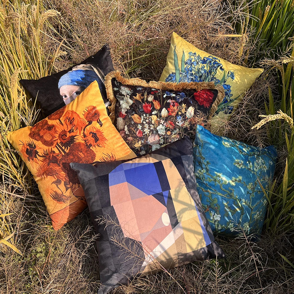 

ESSIE HOME Oil Painting Mona Lisa Van Gogh Cushion Cover Pillow Case Digital Painting Geometric Decor Throw Sofa