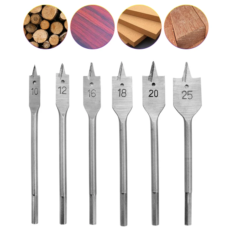 6pcs 10/12/16/18/20/25mm HCS High Carbon Steel Coating Hex Shank Spade Bits Flat Boring Bit Wood Drill Bit Power Tools Hole Saw