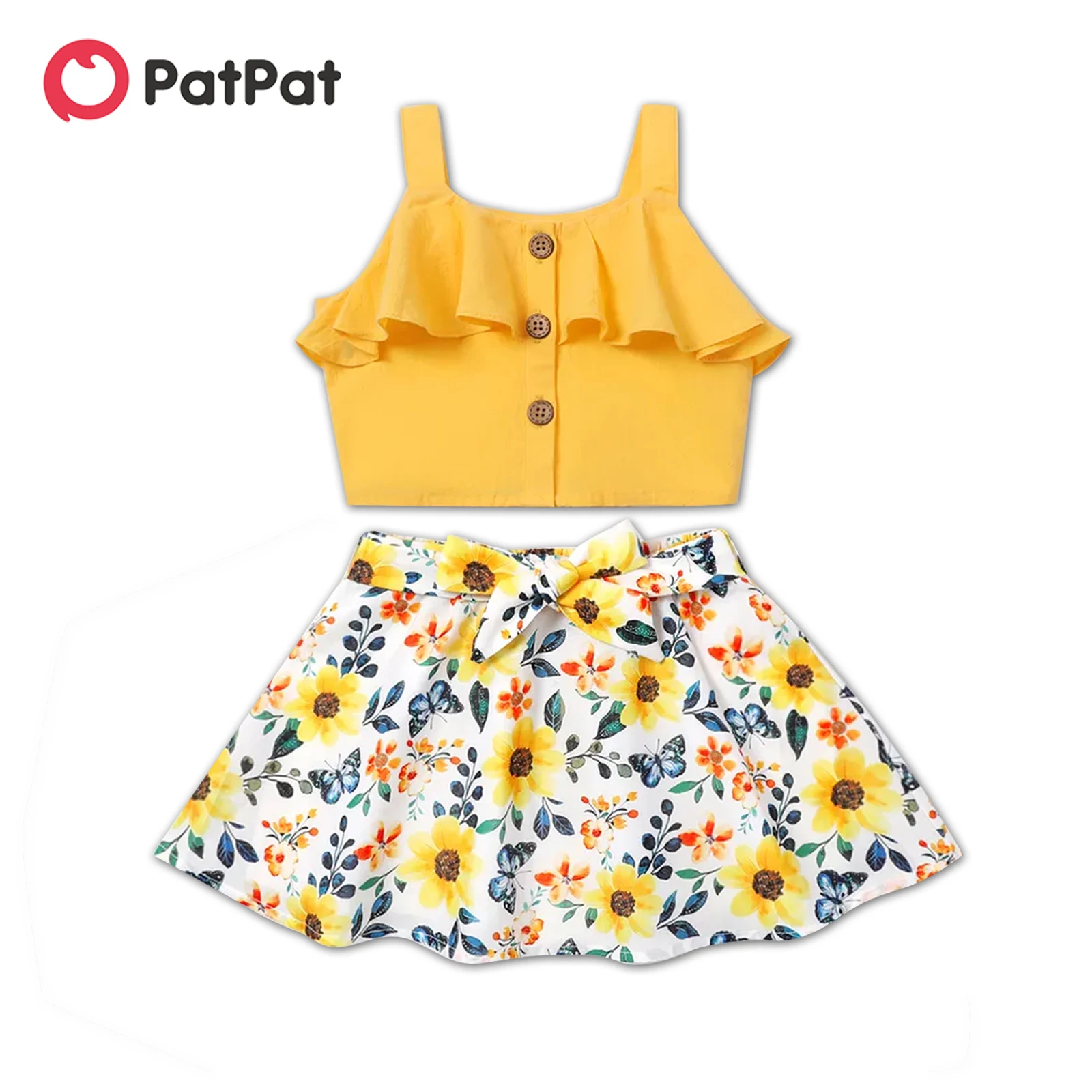 

PatPat 2pcs Toddler Girl Flounce Button Design Camisole and Floral Print Belted Skirt Set