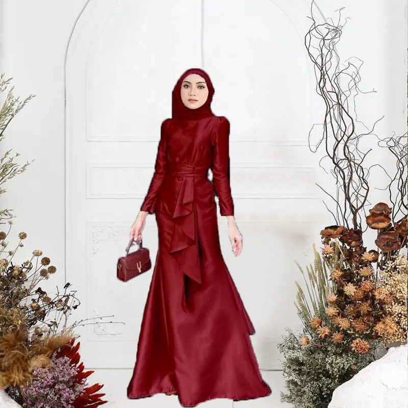 

Silk Satin Abaya Plain Full Sleeve Muslim Cloth Belted Long Dress Pleated Islamic Kebaya Puff Sleeve Kaftan Elegant Robe
