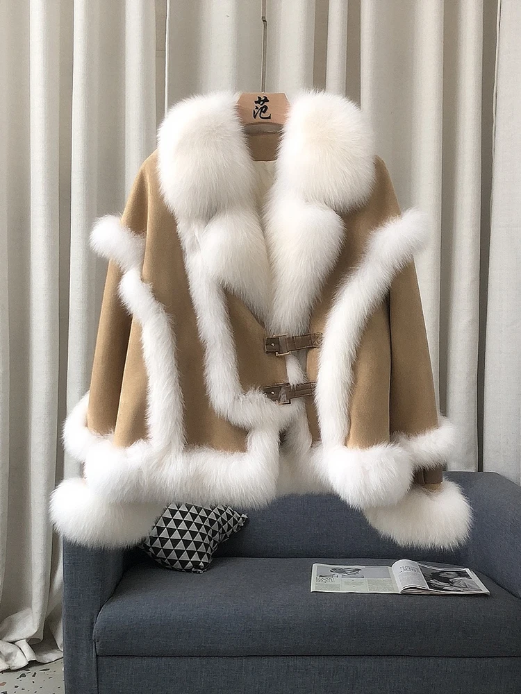 

RosEvans High-end Patchwork Full Pelt Real Fox Fur Coat Women Short New Down Lining Wram Jacket Loose Top Tie Fit Autumn Winter