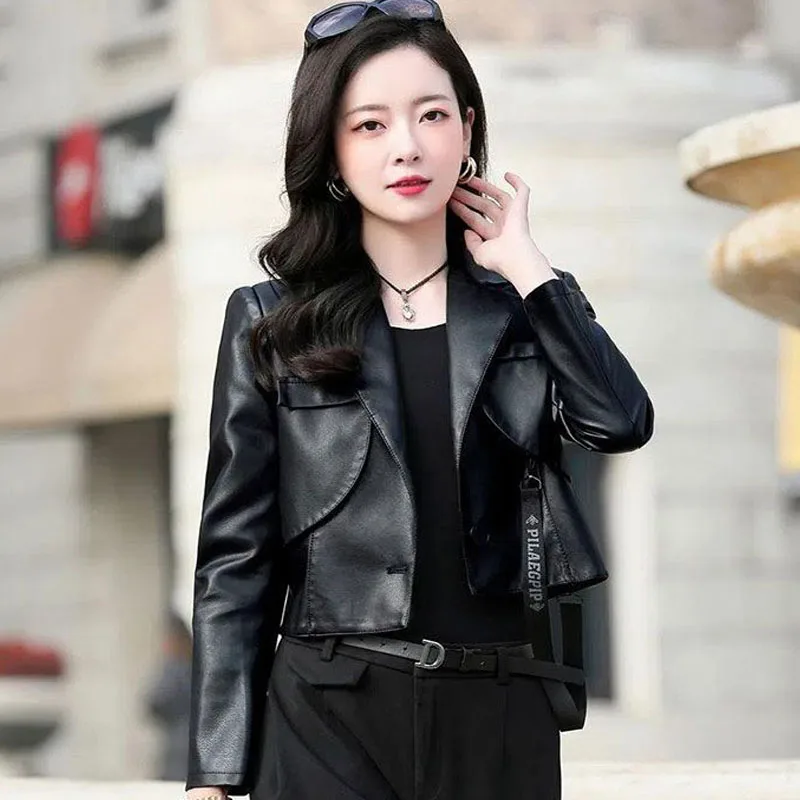 Women's PU Leather Short Jackets Coat 2022 Autumn Faux Fur Splicing Irregular Long Sleeve Ladies Skinny Locomotive Small Coats