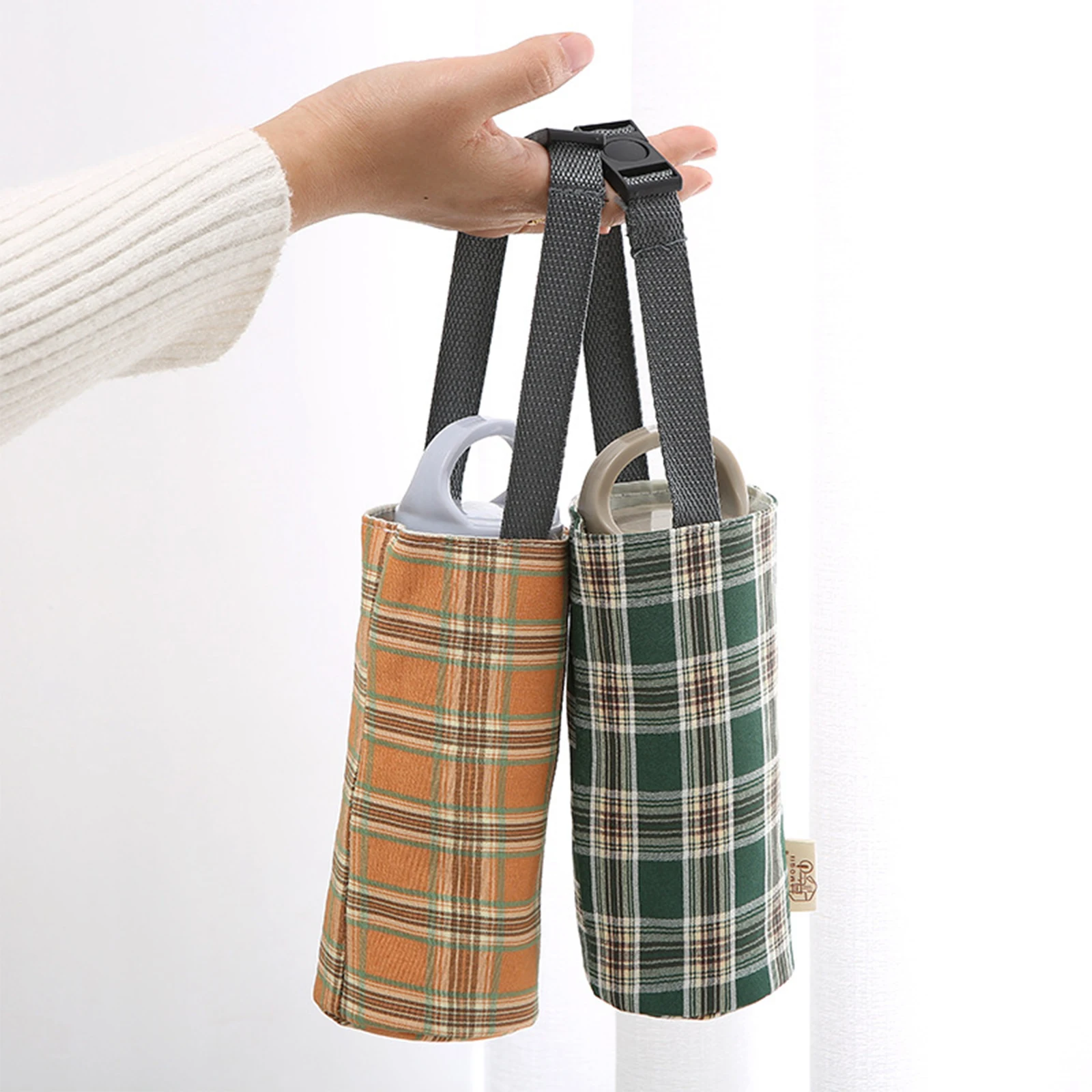 

Water Bottle Carrier Bag Canvas Bags For Outdoor Portable Grid Plaid Fashion Adjust Belt Buckle Water Cup Protective Case