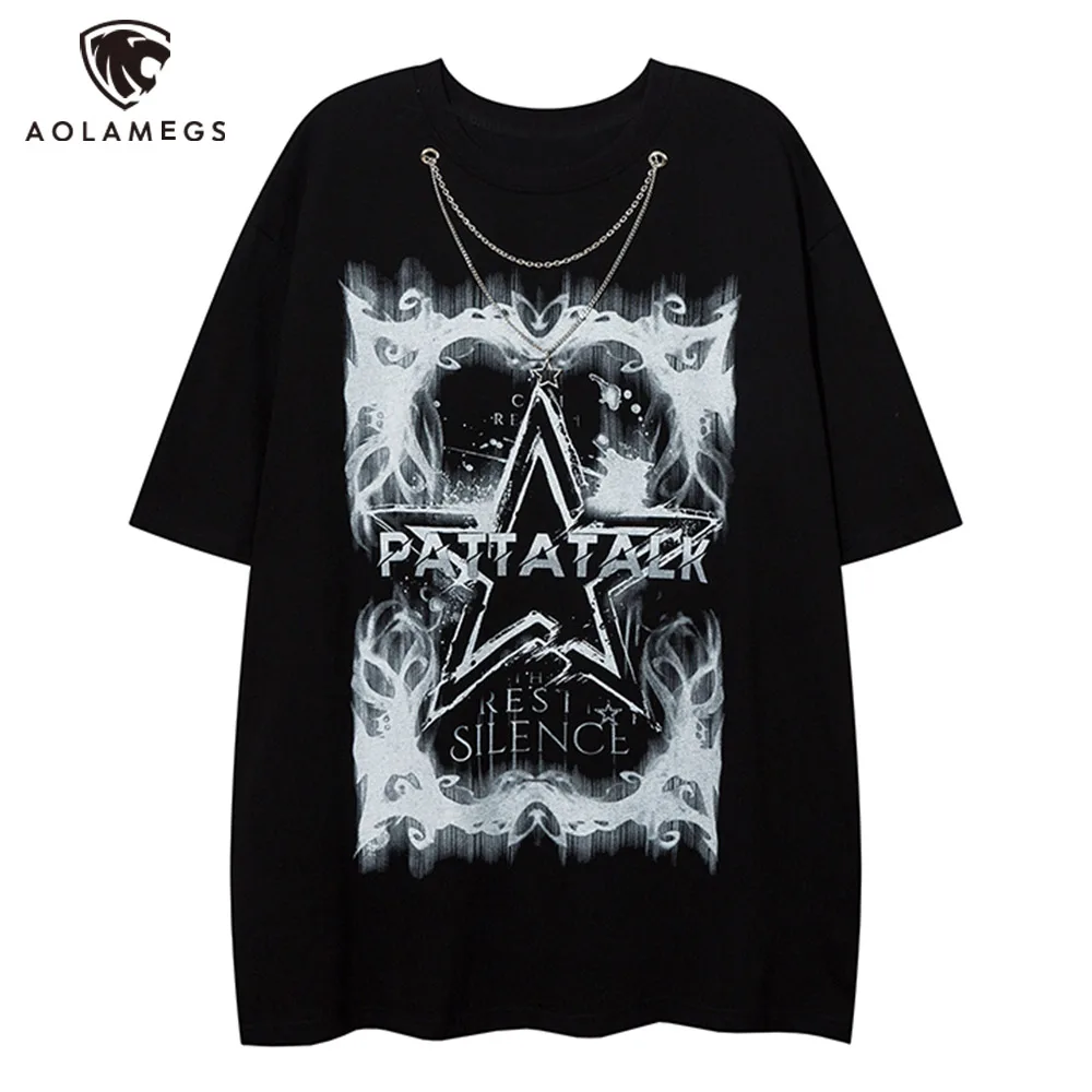 

Harajuku Men's Oversized T Shirt Stars Letter Printed Tshirts With Chain Graphic Tops Tees Fashion Casual High Street Streetwear