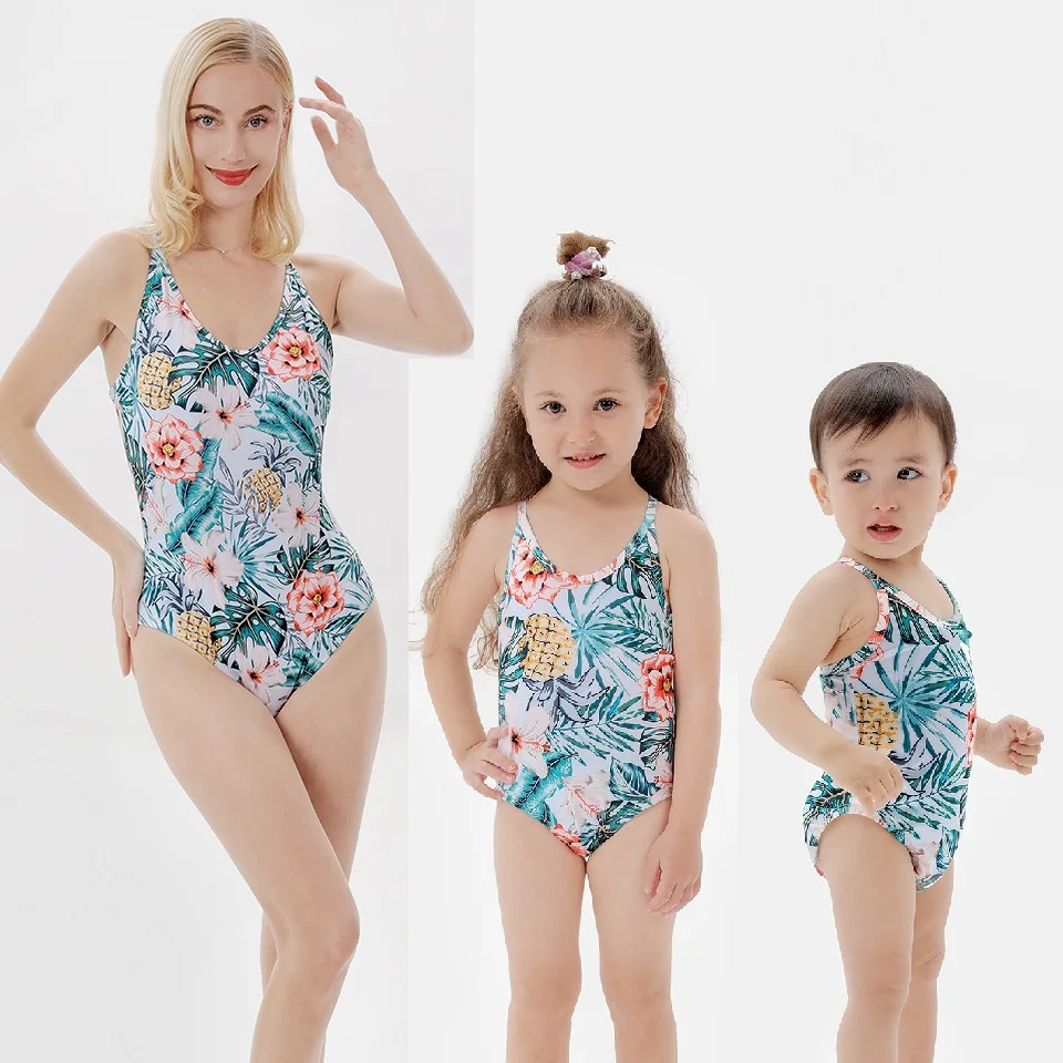 

One-Piece Mother Daughter Matching Swimsuit Family Set Flower Mommy and Me Mom Baby Swimwear Women Girls Bikini Dresses Clothes