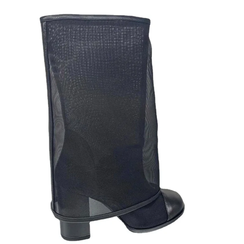2023 New Black Women's Knee High Boots Round Toe Crude Heel Slip-on Ladies Shoes Mesh Breathable High Heel Fashion Zapatos Mujer