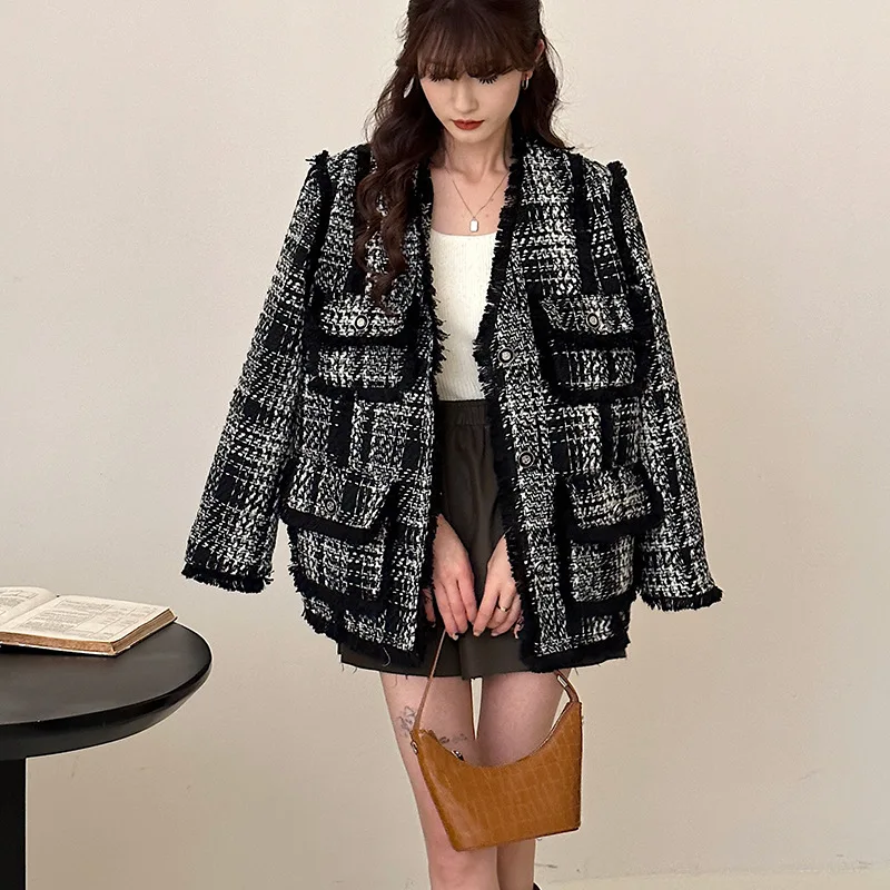 

[Original] New autumn and winter black and white contrasting coarse tweed jacket with feminine style woven and cotton small