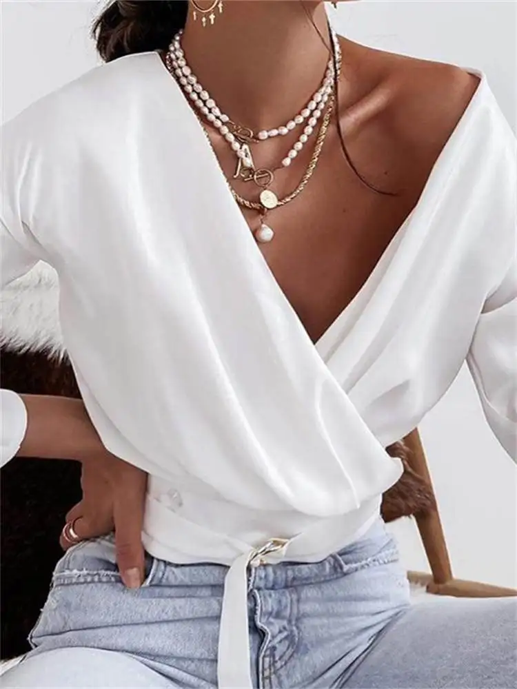 

Celmia Fashion Wrapped V-neck Blouses Women Sexy Belted Short Shirts 2023 Summer Casual Loose Tops Oversized Solid Color Blusas
