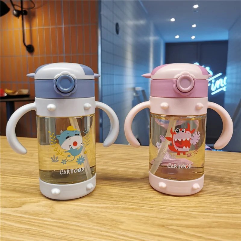 

300ML Cartoon Kids Sippy Cup Portable School Children's Water Bottlr With Shoulder Strap Double Handle Baby Drinking Straw Cup