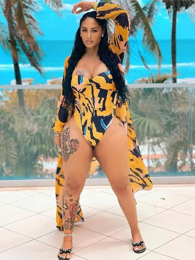 

Swimwear Cover Up Set Women With Bodysuit 2 Piece Bathing Suit 2022 Summer New Fashion Print Beach Style Bikini Cover Up Outfits