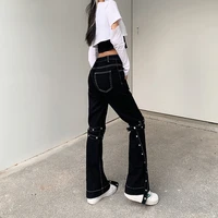 street indie jeans women eyelet element bandage decoration high waist demin pants 2021 spring autumn new fashion gothic trousers