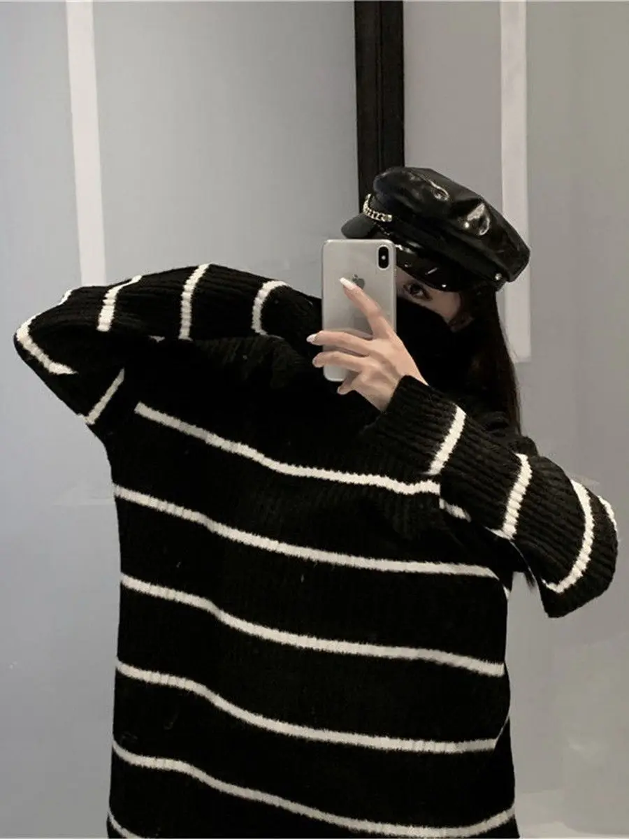 Модные полосатые топы Ulzzang Женский вязаный свитер зимняя свободная водолазка в