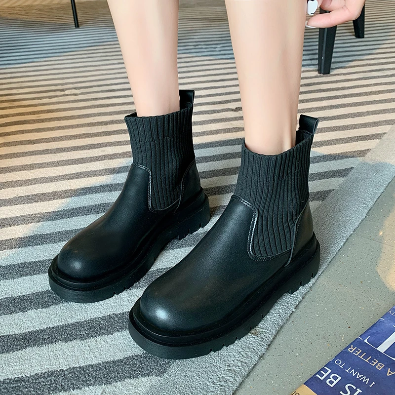 

Chelsea Women Sock Boots Ankle Boots for Women Black Platform Stretch Fabric Women Boots Female Causal Shoes 2022 Autumn Winter