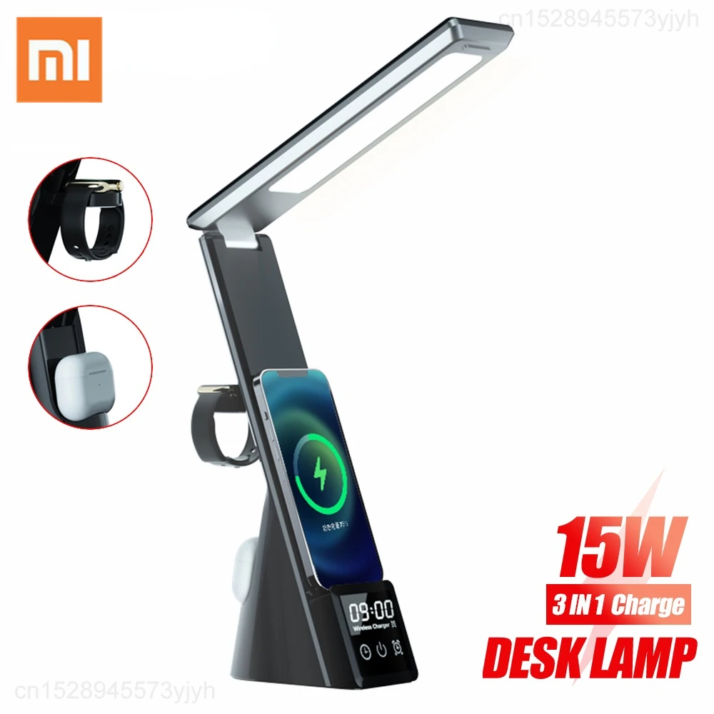 

Xiaomi LED Table Lamp 15W Wireless Charger for iPhone Apple Watch Airpods Fast Charging Station Multi-function Clock Charge Dock