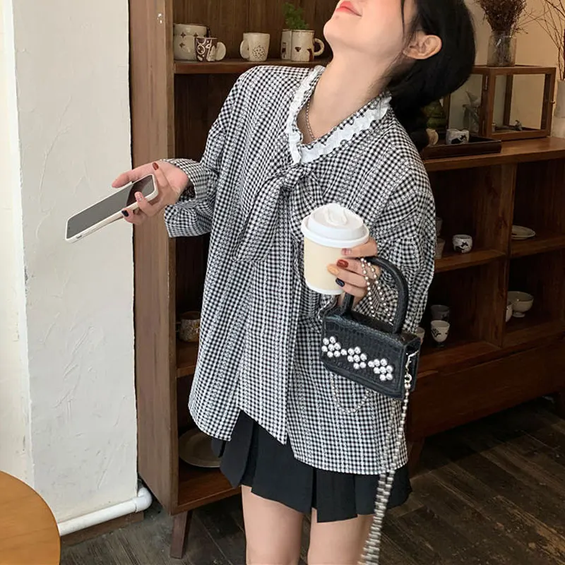 Свободная блузка с кружевом для поездок на работу клетчатая женская одежда
