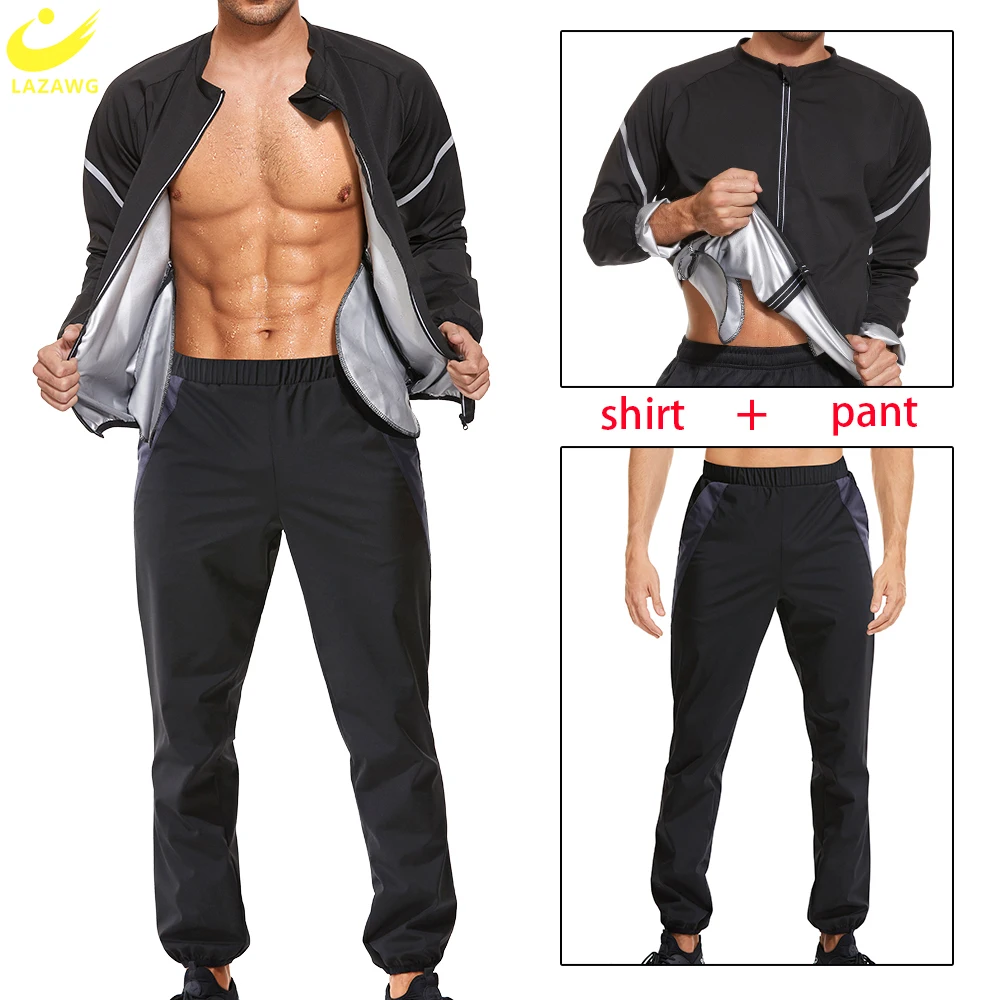 LAZAWG Sauna Suit for Men Sweat Set Pants Slimming Long Sleeve Top Weight Loss Jacket Workout Fitness Leggings Fat Burner Gym