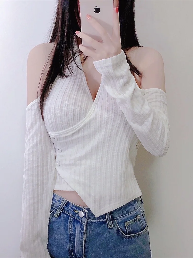 

Футболка женская облегающая с открытыми плечами и V-образным вырезом, G2HR