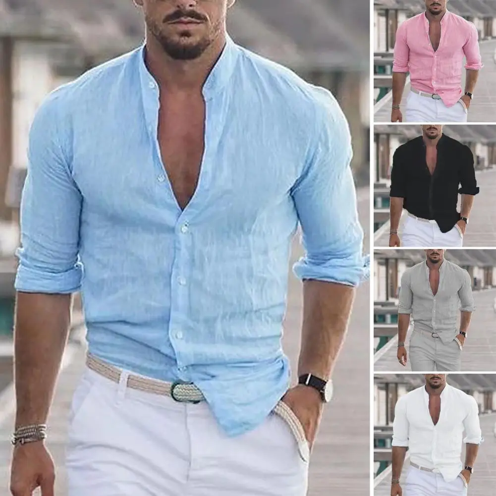 

Рубашка мужская с длинным рукавом, повседневная сорочка с воротником-стойкой, мягкая офисная с застежкой на пуговицах, с V-образным вырезом, лето