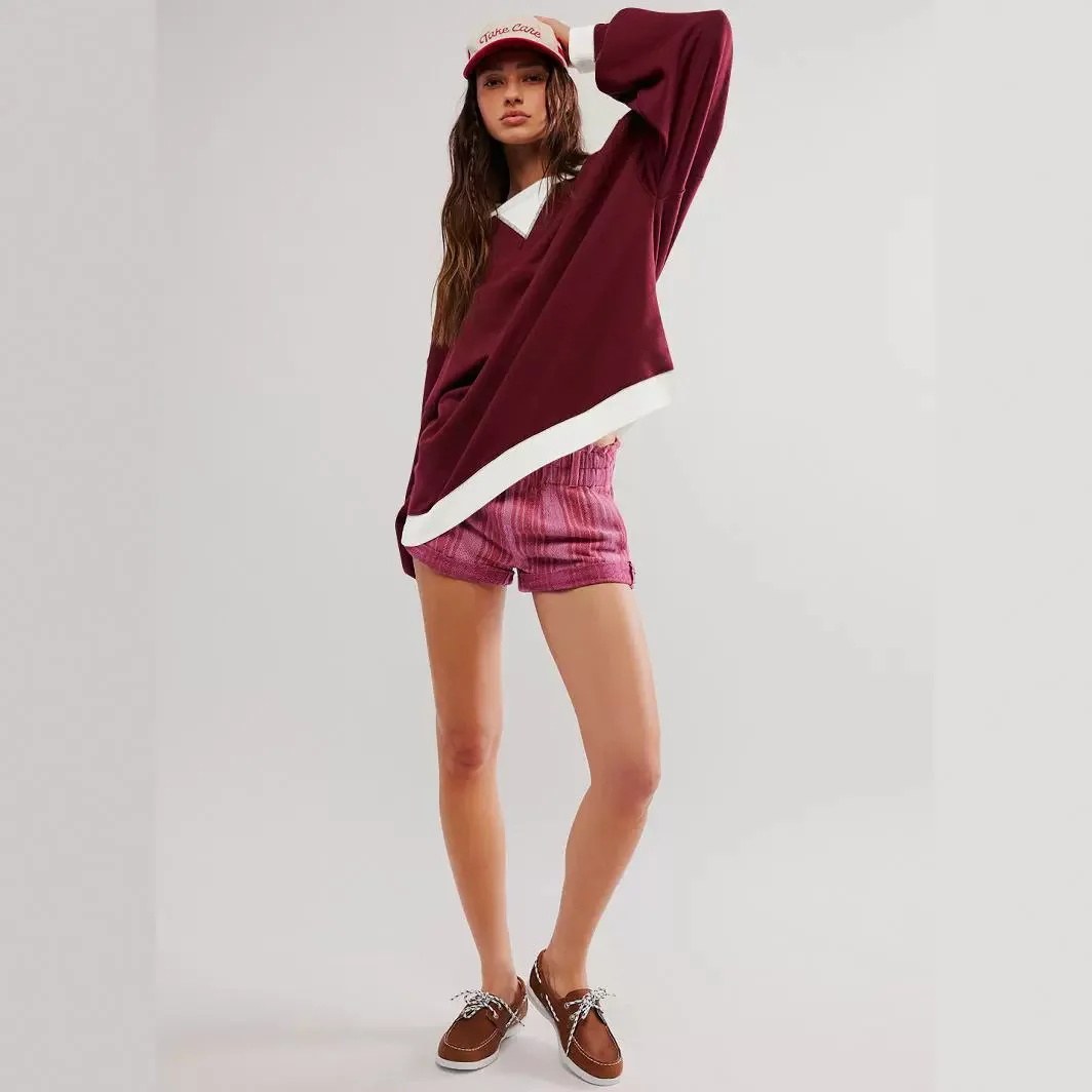 Уличный стиль контрастный цвет нить топ с длинными рукавами свободная модная