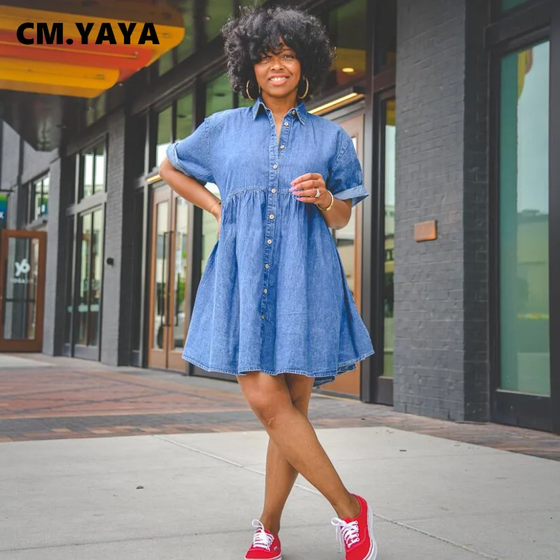 

CM.YAYA Women Denim Dress Solid Single Breasted Loose Mini Dresses Office Lady Casual Vestidos Fashion Streetwear Summer Outfits