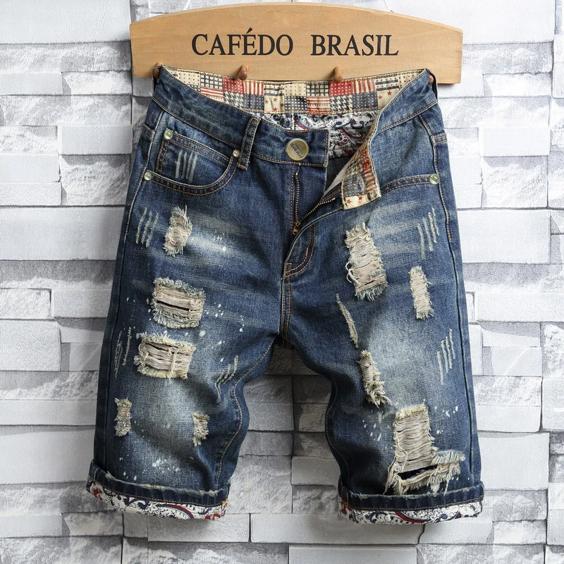 2023 New Summer Fashion Ripped Men Casual Shorts Pants Streetwear Style Youth Jeans Street Hip Hop Knee-length Male Denim Pants
