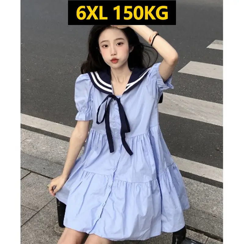 

E GIRLS Large Size 6XL 150KG Summer Short Sleeve Sweet Dress Salior Collar Solid Color Oversized Women Clothing E GIRLS