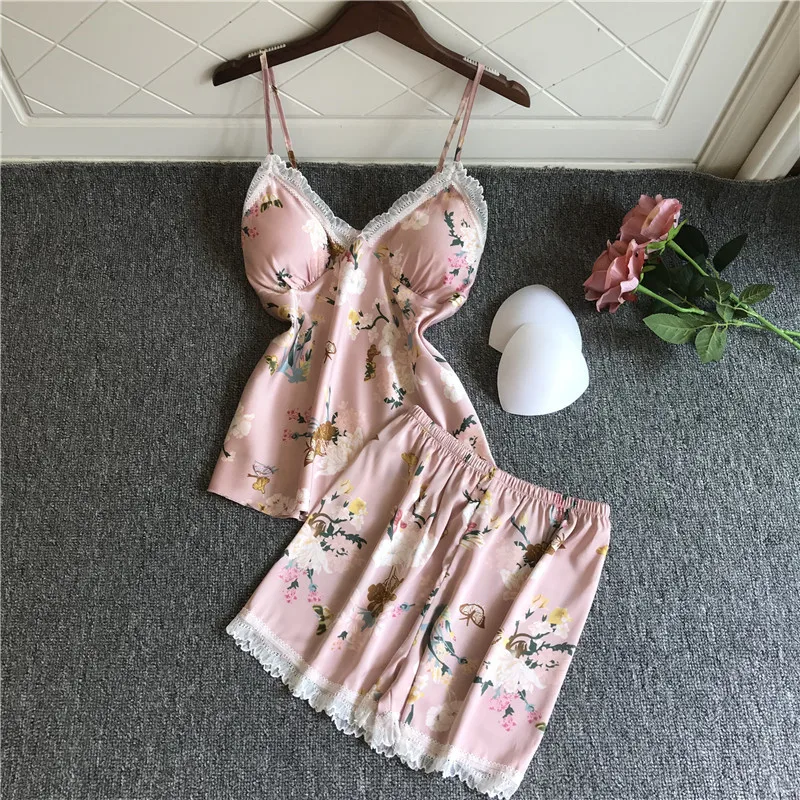 Women's Sleepwear 2 Pcs Sets Tops+Shorts Floral Printed Sexy Lace Satin Sleeveless V-neck Pyjama Sets With Pads