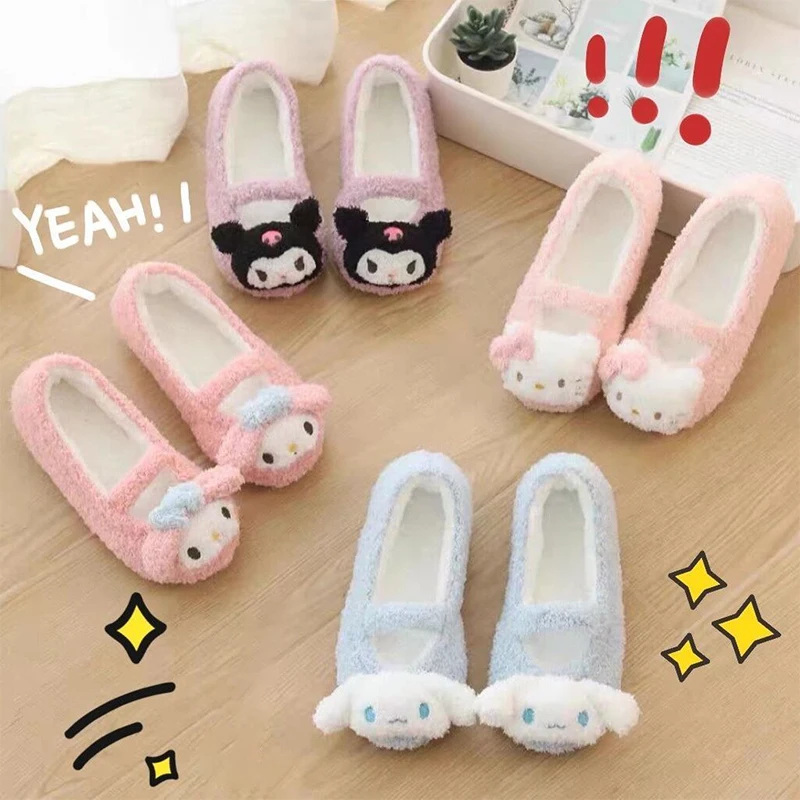 

Домашние плюшевые тапочки Kawaii Sanrios, зимние теплые Нескользящие туфли для спальни на плоской подошве, Kuromi Cinnamoroll My Melody, милый мультяшный подар...