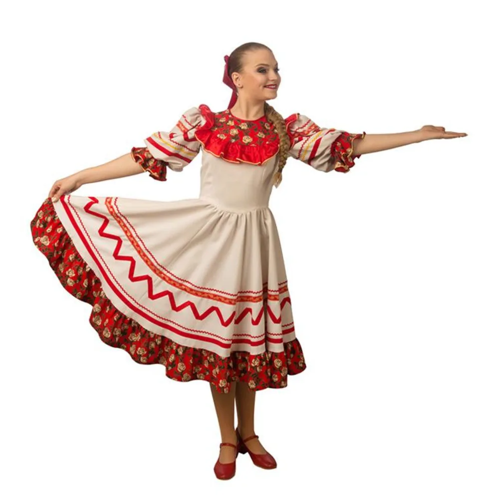 Фото Костюм для русского традиционного танца, красно-белое платье с цветочным узором, сарафан для русского народного танца.