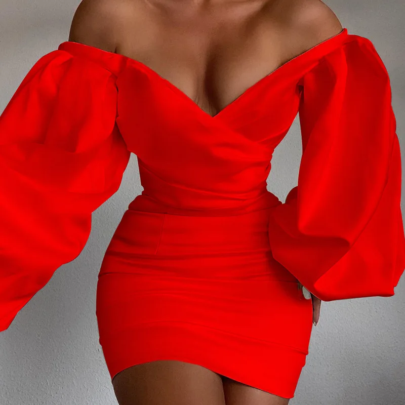 New Fashion Solid Color Sexy Open Shoulder Bag Hip V-Neck Lantern Sleeve Wrap Hip Dress Women's Mini Nightclub Summer Dresses